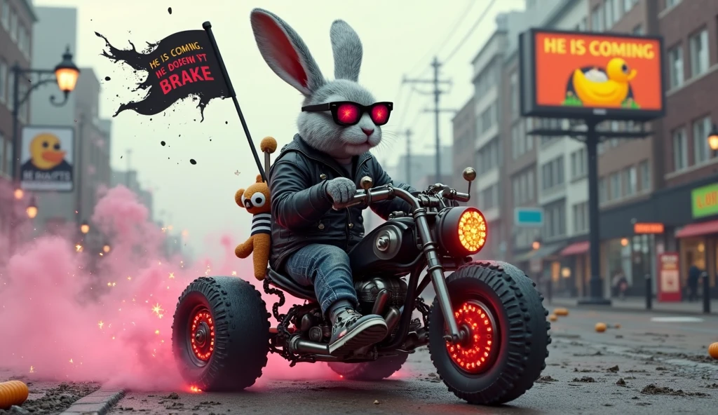 A rabbit with sphere shaped face and redish small eyes and with six pack abs that rabbit will sitting on Mahindra Thar and that colour is black and background with neon lights and sky is in light blue color and that rabbit contains bottom with a jeans and shoes