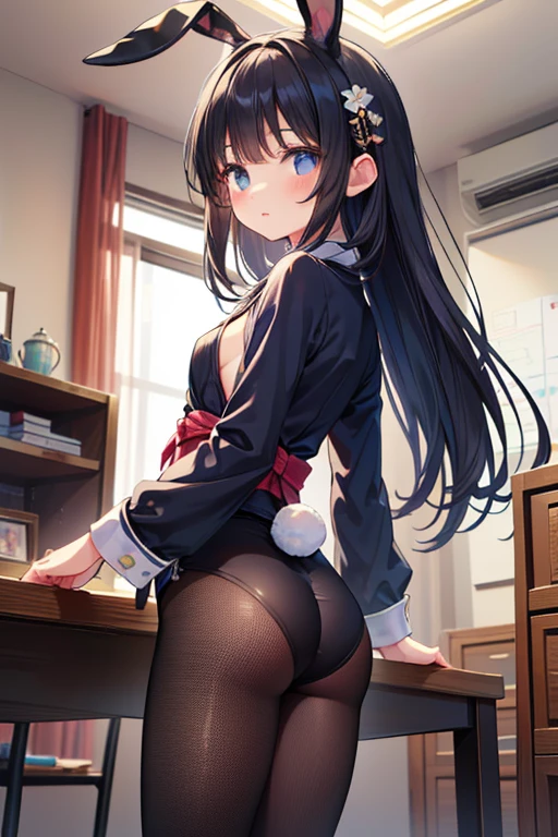 Arab asian woman in skirt and shirt posing in room, Bottom Angle, Bending over, goddess of Japan, lit from behind, Looking from behind, on desk, Japanese Models, Engaging pose, bottom shot, thighhighs and skirt, back-view, Young Sensual Gravure Idol, backshots, a hyperrealistic girl, sat at her desk