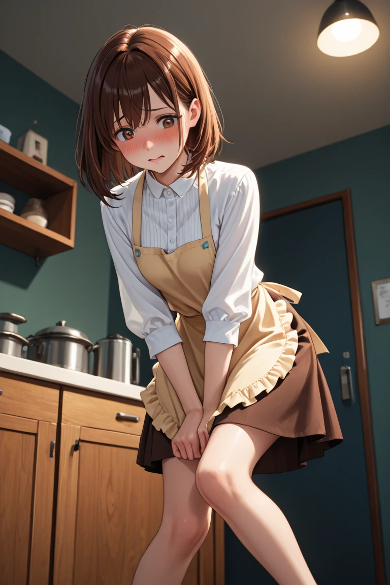 very cute and beautiful girl standing in kitchen,(highly detailed beautiful face),white blouse,(smile:1.2),
cowboy shot,(beige cardigan:1.2) BREAK (looking back,from behind),leaning forward,looking at viewer,
(pleated plaid mini skirt:1.2),(from below),(white panties),
black hair,medium hair,kitchen pot,white tea cups and dishes,seasoning bottles,
(best quality,masterpiece:1.2),absurdres,highres,ultra-detailed,extremely detailed,32k,8k resolution,
intricate details,cinematic scene,detailed background,solo,dynamic angle,