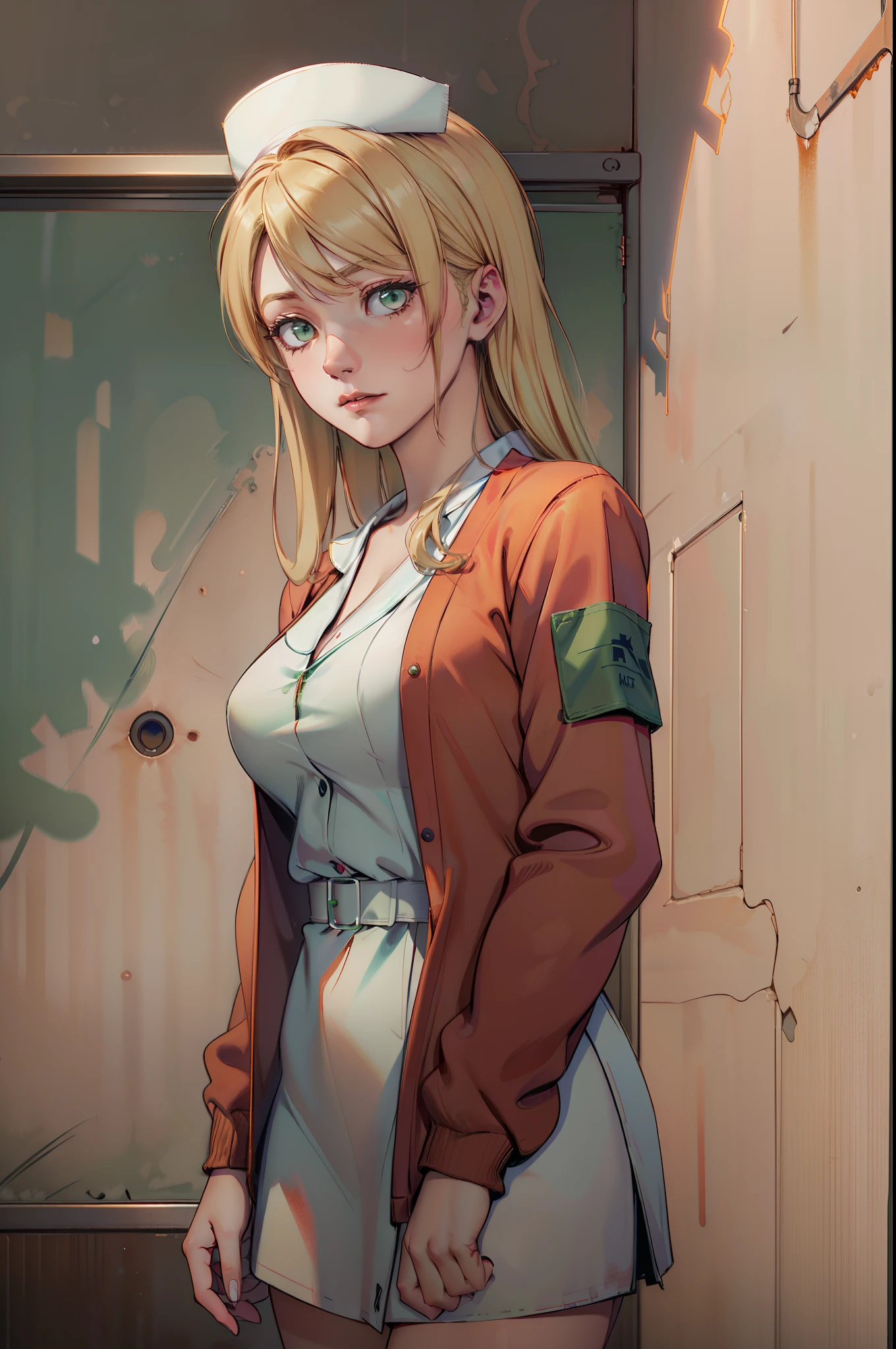 LisaGarlandSH, (extremely detailed CG unity 4k wallpaper),(best illustration),(best shadow),(absurdres), Nurse, White Nurse dress, Red Cardigan, Blonde long hair, Green eyes, nervous pose, concerned expression, Abandoned Dark hospital interior background,