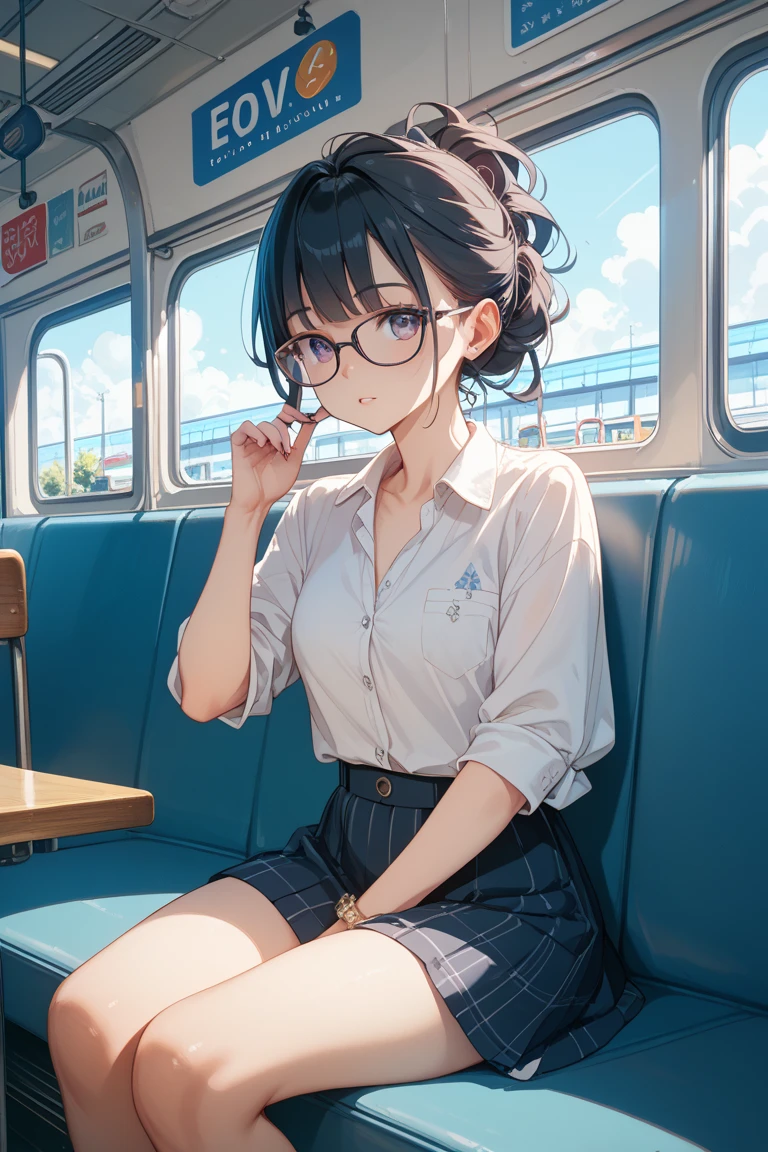 school uniform, see through shirt, glasses, outdoors, park, night, bench, sitting, dark, raining, wet clothes,