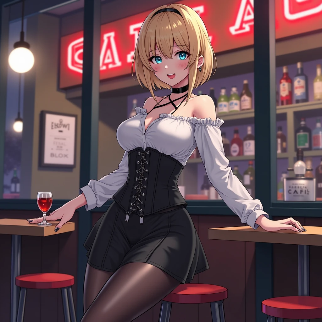 Blonde girl eating steak at steakhouse Wearing sneakers High leg shorts with suspenders Large Breasts Showing her belly button Ultra low rise Knee-high socks No underwear Belt on chest