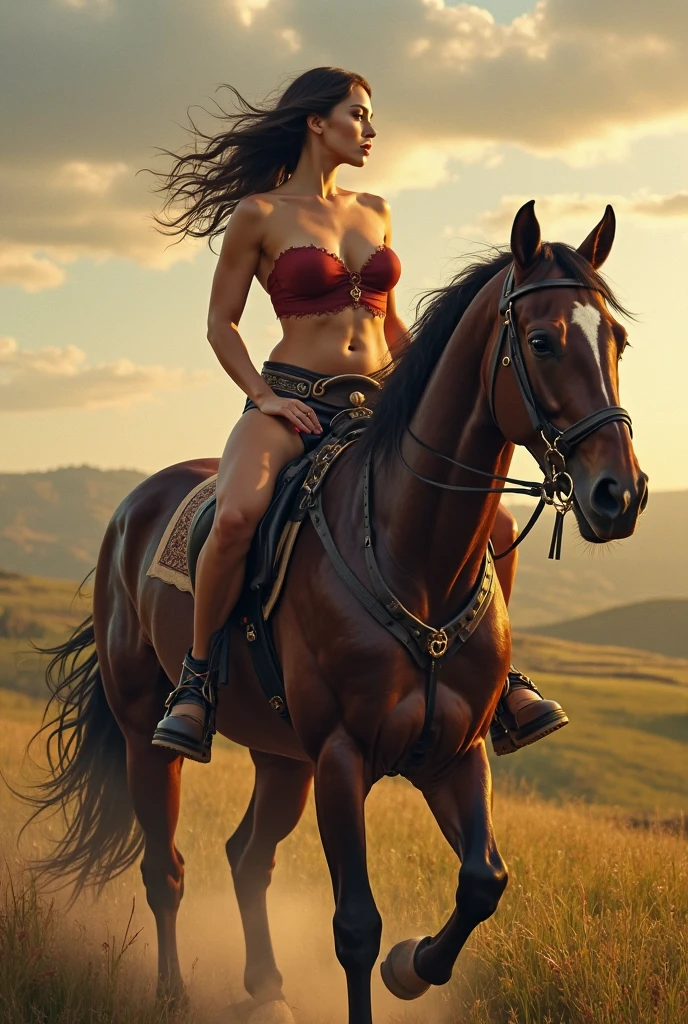 Hyperrealistic photo of a naked Amazon on a horse