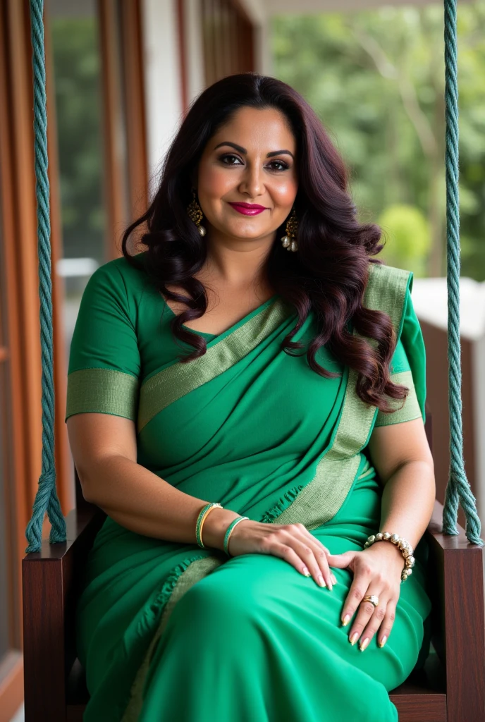 A radiant, full-figured South Indian 45-year-old aunty wearing a light green chiffon saree and blouse, tenderly hugging and kissing a jubilant group of 25-year-old men in living room, captured in a full-body image with vibrant hues and meticulous details.