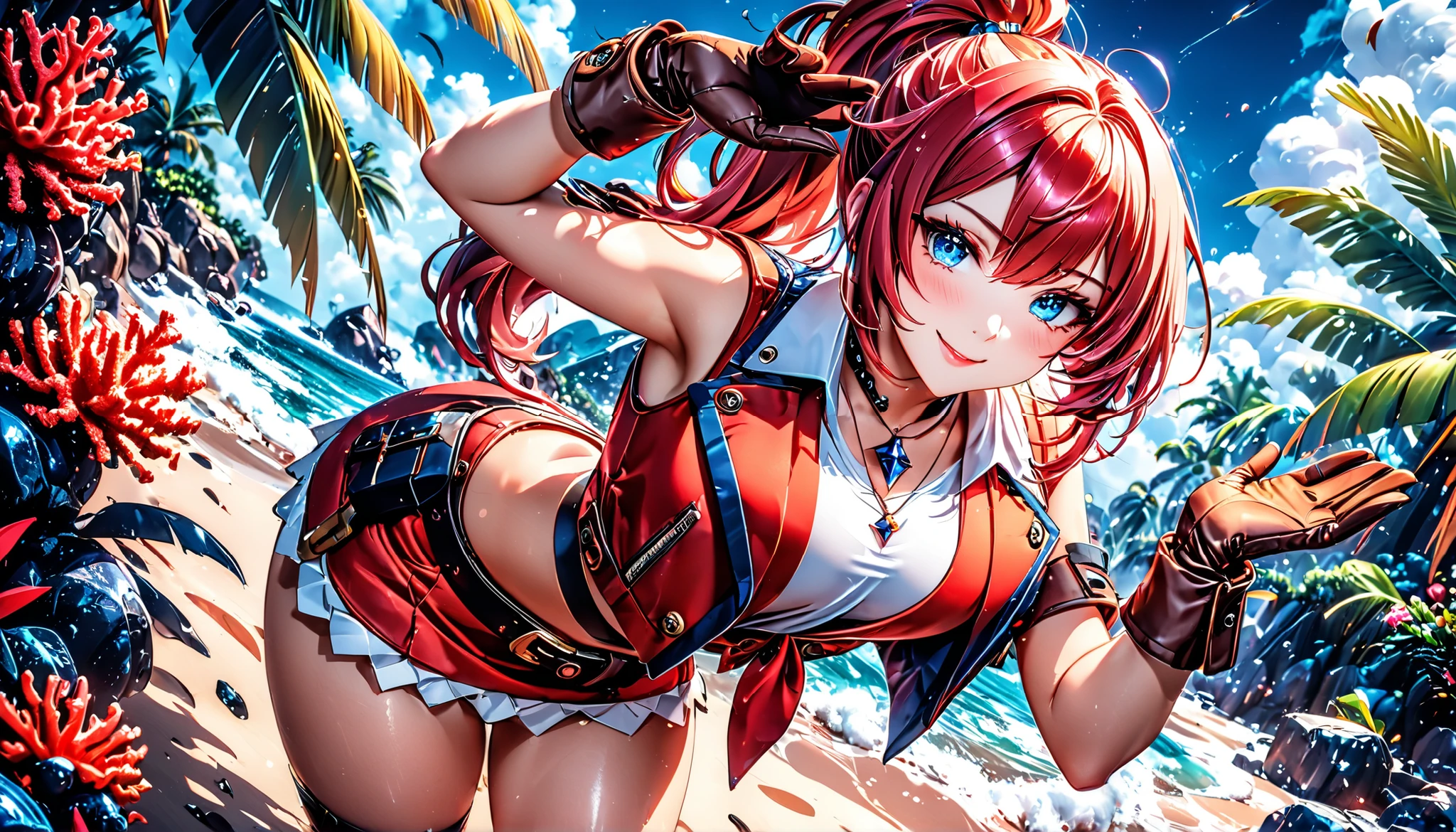 Soryu Asuka Langley is wearing a Captain America costume on the beach. The costume is severely damaged, exposing her breasts. She has a plump, voluptuous, and tall figure.