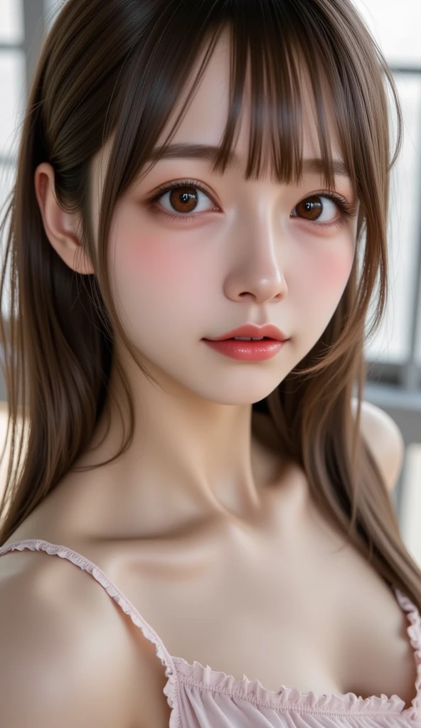 extreme face close-up,randome pose,1girl,(ultra detailed skin),curvy,,beautiful breasts,large breasts,pale skin,pointy breasts,erect nipples,(fantasy art,Highest image quality,Hyperrealist portrait,(8k),ultra-realistic,best quality, high quality, high definition, high quality texture,high detail,beautiful detailed,fine detailed,extremely detailed cg,detailed texture,a realistic representation of the face,masterpiece,Sense of presence,Dynamic,bold),(ultra thin hair),(ultra soft hair),(ultra straight hair),Swept long bangs,extra light coppery amber hair,hair over one eye,japanese clothes