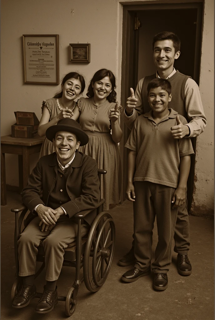 There are three children standing in front of a door wearing hats.., a coloreado photo, coloreado photo, foto restaurada, colorized photograph, coloreado, Cholitas bolivianas, coloreado, coloreado 1 9 0 4 photo, foto coloreado premiada, old color photograph, fondo coloreado, Classic portrait, coloreado, inspirado en diego rivera, retrato familiar, color restaurado 4k