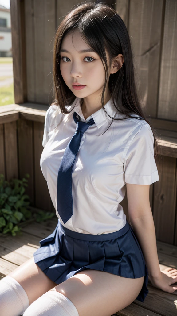 ((top-quality、masterpiece))、Raw photography、8K、top-quality、 超A high resolution、Beautiful face in every detail、Realistic human skin、Gentle expression、front-facing view、Farbe々From an angle、realisitic、Photorealsitic、Beautie、length hair、a short skirt、Beautiful schoolgirl、Japan schoolgirl wearing uniform、Surreal High School Girl、(wrist watch)、neck tie、smil、a park、blue-sky、lawn、