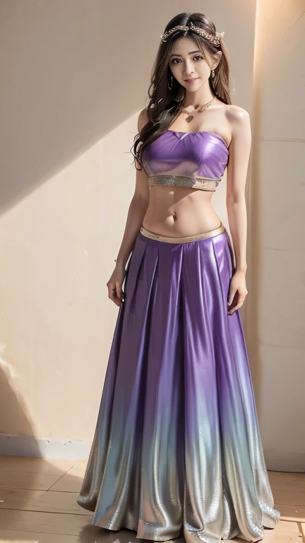 21 year old young woman with dark brown hair, walking on a mannequin stage, wear a silk soft stylish multi color outfit for photography of the year, small hips, 32k hud, she looking straight