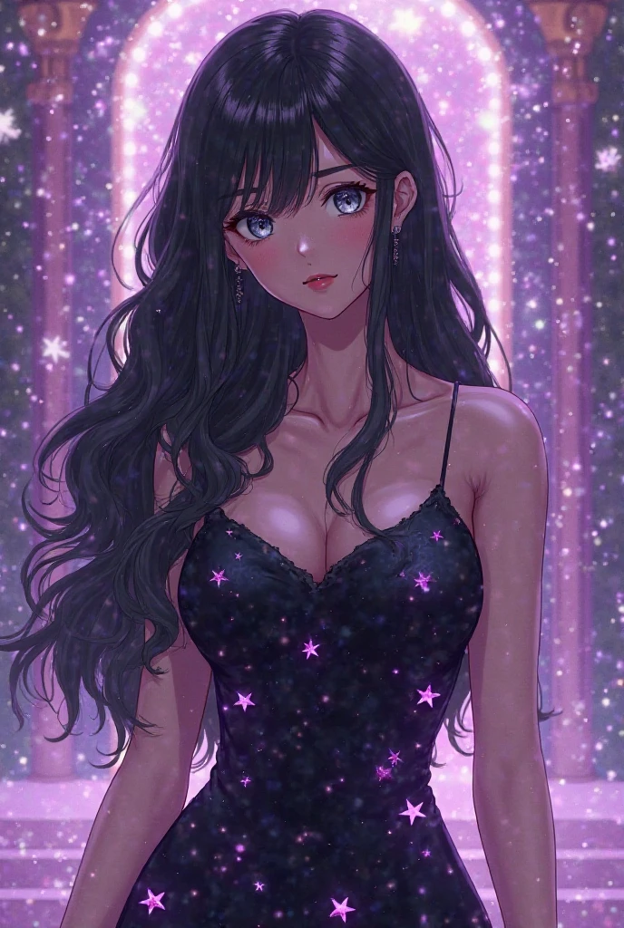Anime Woman with black hair purple highlights and purple eyes standing behind a sky full of stars, wearing an elegant dress breasts
