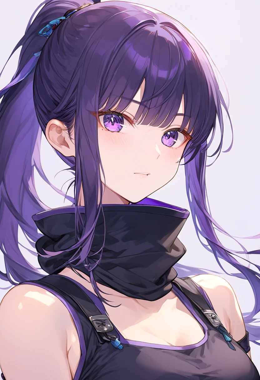 Black hair, purple eyes, hair over one eyes, cute face, very cute face, highly detailed, ultra detailed, highly accurate, ultra accurate, in house, modern house, night time, Carrying a knife, smiling, blushing, solo, hair over one eyes