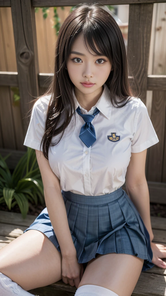 ((top-quality、in 8K、masterpiece:1.3, Photorealsitic:1.3,))、Japanese high school girl, 1 female, A dark-haired, With bangs, ((Japan schoolgirl uniform, sockes, Thicker thighs, opens legs)), a baby face, with round face, Highly detailed facial and skin texture, A detailed eye, Detailed lips、Highly detailed hair depiction, pureerosface, Natural makeup:1.0