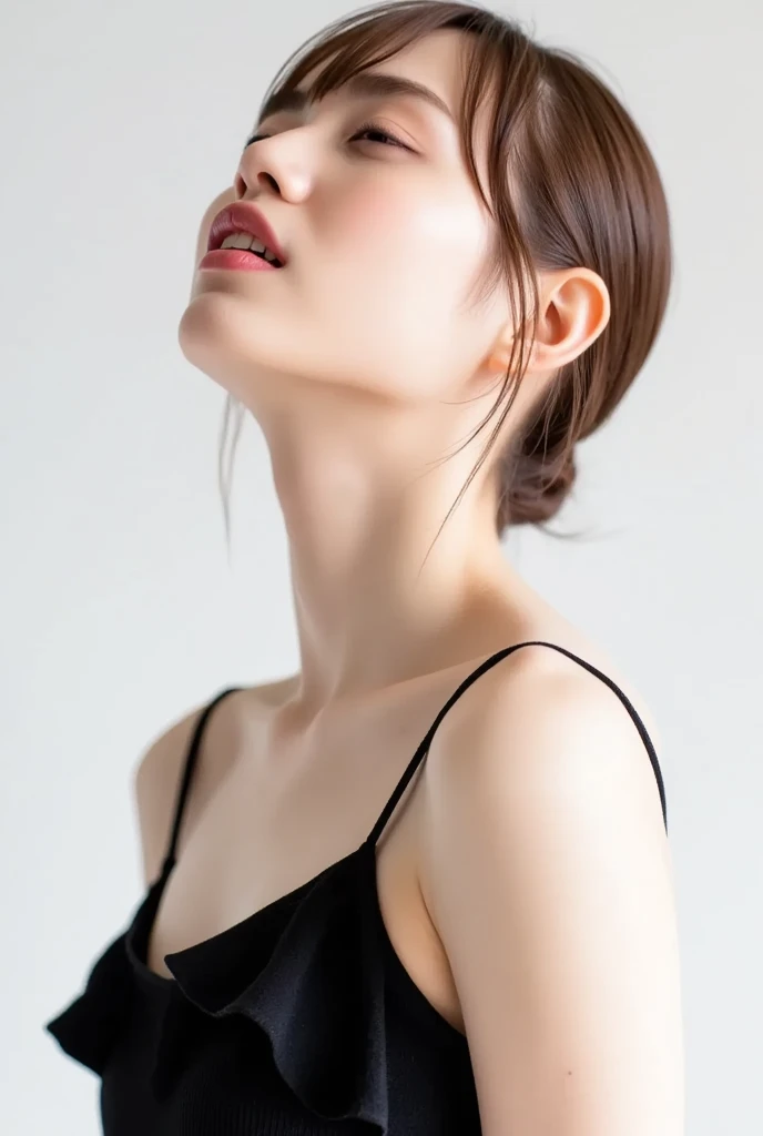 A composition looking up at the subject from below、Full Body Shot、)Wearing clothes、Removed clothes、Trying to take off clothes、Winter clothes、Wet Hair、Wet body、Wet Skin、Moist texture、highest quality,highest quality、Black sexy outfit、Complicated Race、Floral、 1 girl,Young and beautiful Japan woman, Super cute face, Long Bob Hair、 Big Breasts, Wet body, Glossy lips, Natural Makeup, Asymmetrical bangs,High resolution, High detail, Detailed hairstyle, Detailed face,Dim lighting、 Great cinema lighting, Octane Rendering, Vibrant, Surreal, Perfect limbs, Perfect Anatomy Information