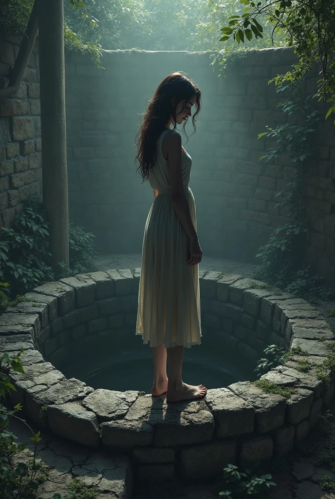 Horror Realization: A dramatic scene showing Ranjani’s horrified expression as she sees the hand, with dark, swirling shadows around the well.
