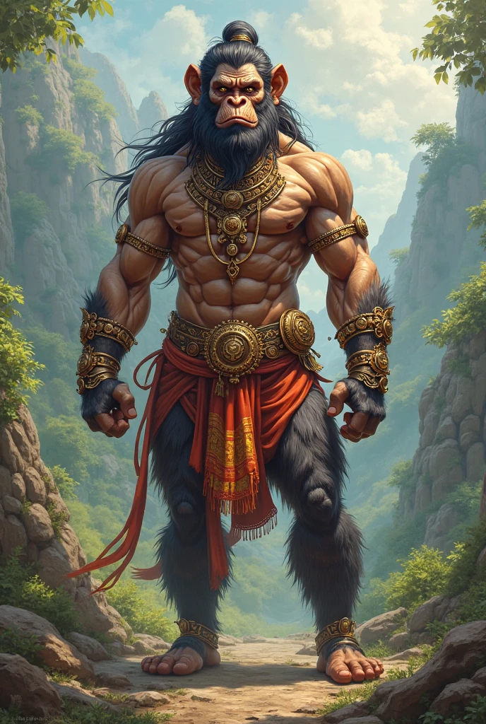 LORD HANUMAN ,a 35 years old man who has a face of a monkey, has a long tail as a monkey, proper super detailed eyes, proper super detailed hands, proper super detailed legs, An Indian god, Lord Hanuman, face of a monkey , moderate stature, has a big tail, Fire on the background, strongly built, broad-chested, narrow-waisted, and long-armed, big gada in his hand, in a dark forest (Professional 3D rendering:1.3) by (Realistic:1.3) World's most beautiful art picture, Features soft, dark complexation male heroes , hindu god, indian god, ((Epic hindu god , lord Hanuman, fantasy rough muscular man wet hero angry look long hair long slightly white beard and fierce expression in dynamic pose, wearing a orange robe, inside a jungle, burning lights in the background, majestic environment)), full body 8k unit render, action shot, skin pores, very dark lighting, heavy shading, detailed, Detailed face, (vibrant, photorealistic, Realistic , Dramatic, Dark, sharp focus, 8k), (orange cloths with heavy jewelry r:1.4), (intricate:1.4), decayed, (highly detailed:1.4), painting digital, rendering by octane, art stations, Concept-Art, smooth, sharp focus, illustration, germ of art, (Loish:0.23), Wlop Ilya Kuvshinov, and Greg Rutkowski and Alphonse Mucha Gracias, (global illumination, studiolight, Light Volumetric ), heavy rain, floating particles, scoundrel, fantasy, Eleven, full bodyesbian, ((Dark jungle background:1.3)),CGSesociedade,art stations