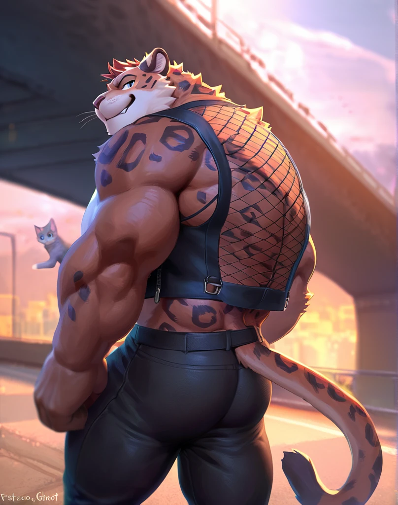 Muscular, tiger in speedo, black speedos, from back, back view, booty, with tail, tail, long tail, tiger tail, By mystikfox61