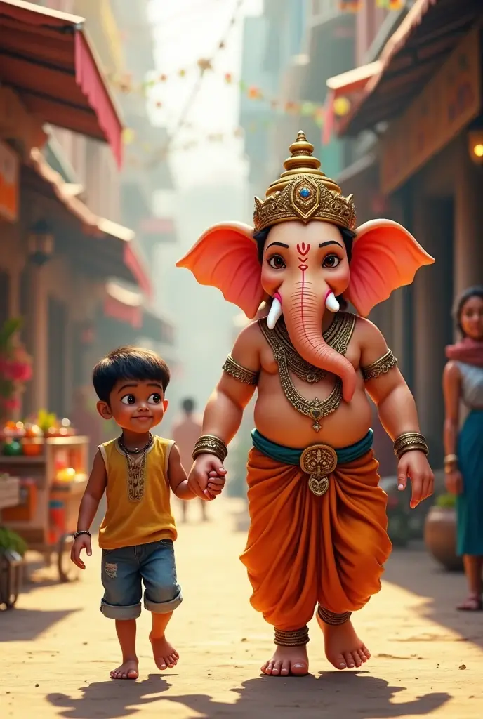 Cute ganesha elephant little boy, pop mart, golden armor, big eyes, character front view, waving moves, brown color palette, temple, india, chennai, surrounded by colorful flowers, on warm old temple background, sun, rich details, pixar, 3d,  