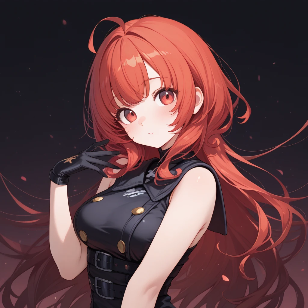 Beautiful young woman, long spiky orange hair, fiery orange hair, red eyes, eye patch, one eye, scarred, orange hair, spiky hair, long hair, thick hair, white tank top, cleavage, black jacket, portrait, large breasts, strong, fit, tank top, cleavage, white tank top, close-up portrait, head and shoulders portrait by Greg Rutkowski Artgerm, cleavage, happy, white shirt