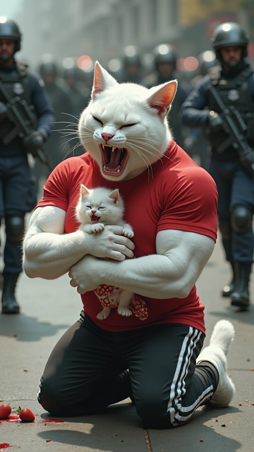 Dramatic Rescue Scene with Beautiful White Cat:

Description: The handsome white bodybuilder cat wearing a red tshirt and white pant is heroically rescuing the beautiful white cat from the clutches of the black villain. The white cat ,White Cat in High Heels and One-Piece Dress: dressed in her glamorous one-piece dress and high heels, is shown being freed from the villain's grasp. The scene is filled with tension and drama, with dramatic lighting highlighting the rescue.
