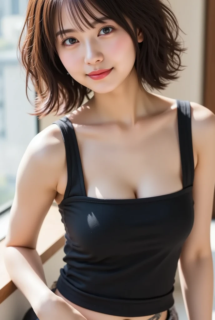 Random posture、mix4、(8K、Raw photography、top-quality、masterpiece:1.2)、(realisitic、Photorealsitic:1.37)、1 daughter、ren、Beautie、Cityscape、Daytime、Professional Lighting、Photon mapping、Radio City、Physically Based Rendering、、Gradient black hair、、short-cut、short curly hair、a handsome、girl with、top quality picture、hight resolution、1080p、(Crisp face)、(Detailed face description)、(Detailed hand description)、(masterpiece)、(Exquisite CG)、extreme light and shadows、Unkempt hair、Works of masters、abundant detail、(Fine facial features)、(top quality picture)、(masterpiece)、(A detailed eye)、Look ahead with your eyes、Fine clavicle、Tank Tops、Colossal tits、Big breasts、full body Esbian、smil