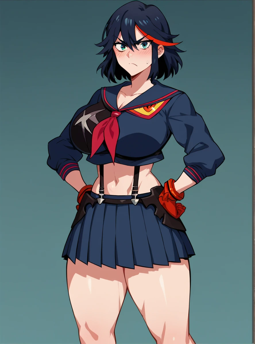 ((kipteitei art)), ((masterpiece)), (((best quality))), ((ultra-detailed)), (((illustration))), detailed face, ultra cute face, detailed body, ((1girl)), ((solo)), matoi_ryuuko:1.3, blush, embarrassed, black hair, fluffy hair, suspenders, multicolored hair, skirt, short_hair, red hair, serafuku, streaked hair, midriff, senketsu, pleated skirt, hand on hip, looking at viewer, cowboy shot, medium breasts, perky breasts, ((wide hips)), (((thick thighs))), (pudgy belly), fat rolls, soft belly,