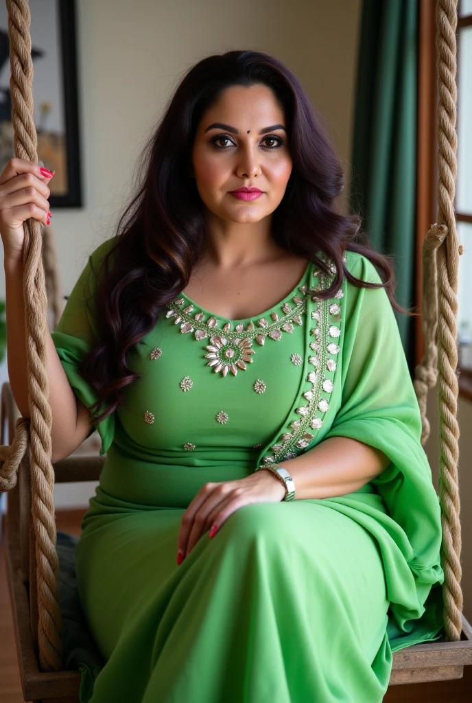 Garden scene, A radiant, full-figured South Indian 35 year old aunty a green colour chiffon mini frock , standing, in a garden, captured in a full-body image with vibrant hues and meticulous details. Full body image