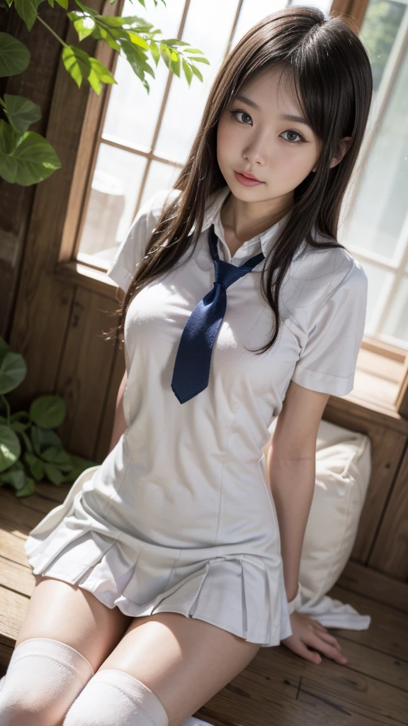 raw photo, 1 girl , Wearing a white dress and colored tie ,white shoes , mini skirt revealing the panty, tight clothes ((girl student in class)),with braid ,bigger breast size ((large breast 36 DDD si)ze) ,Professional photographr ,(HDR:1.4) ,masterpiee ,8K ultra realistic ,perfect artwok ,intricate details ,cute face ,award winning photograpy ,(Best quality ,8k ,32k ,masterpiece ,UHD:1.3) ,