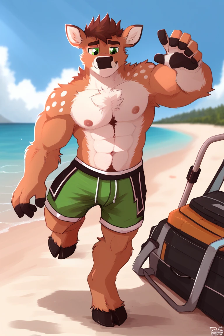 deer, alone, detailed face, detailed body, 5 fingers, Detailed hands, strong abs, pair of nipples, defined pectorals, green eyes, detailed eyes, short hair, 2 arms, brief, Whole body, crawling, standing, Posing, life jacket, perspective from below, on beach, por pache riggs