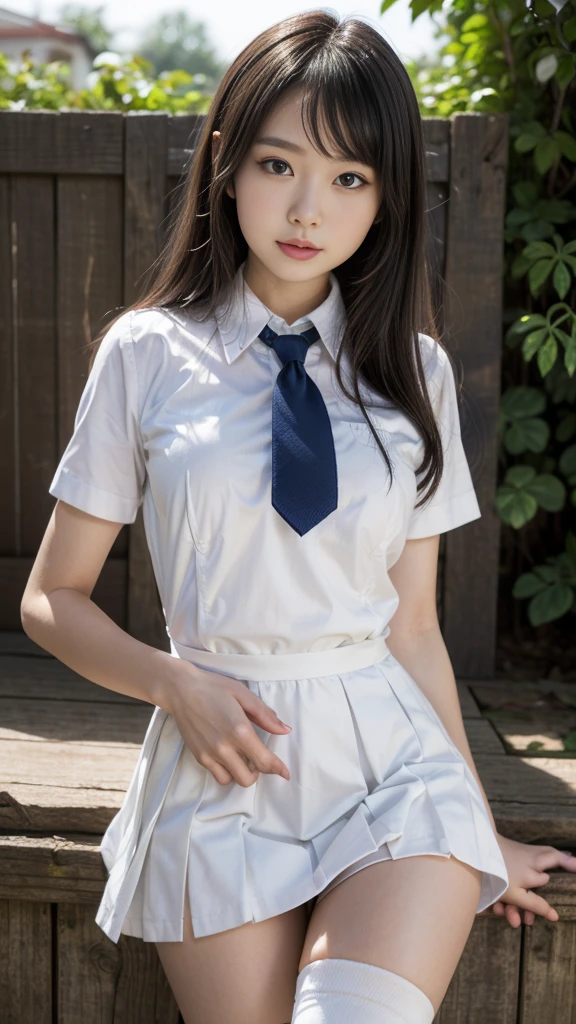 (table top, highest quality:1.2), 8K, 18-year-old, 85mm, official art, Raw photo, absurd, white dress shirt, cute face, close, Upper body, violaces, gardenia, beautiful girl, oversized school sweater, (navy pleated skirt:1.1), Cinch West, thighs thighs thighs, short sleeve, on the train, sit on a bench seat, looking at the viewer, no makeup, (smile:0.4), film grain, chromatic aberration, sharp focus, face light, clear lighting, teen, detailed face, background bokeh, (dark red tie:1.1)、Huge 