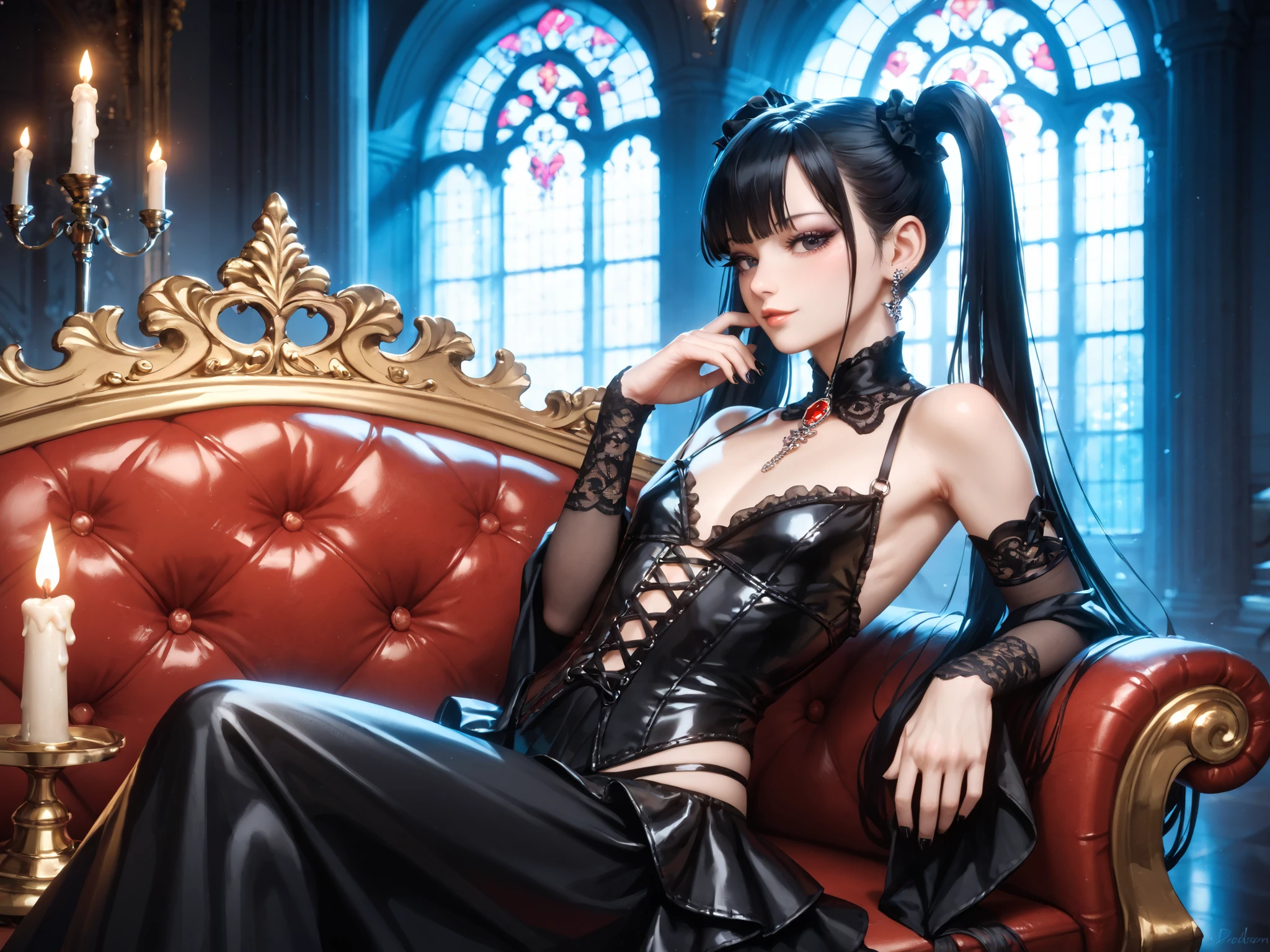 One girl,alone, Highest quality, masterpiece, High resolution, original, Highly detailed wallpaper,woman in a black dress sitting on a chair
