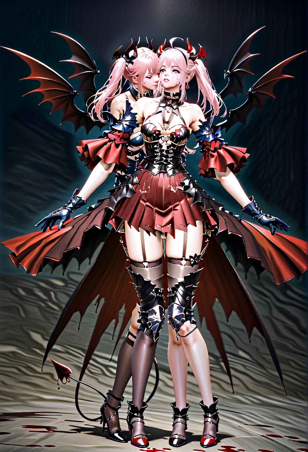 Best quality, masterpiece, ultra-detailed, official art, (very detailed CG Unity 8K
wallpaper), (masterpiece), best quality, illustration, (powerful), art of light, artist style, beautiful detailed starry sky, (((bat print))), (Cygames:1.4), (Dark Flame: 1.3), Japanese Light Novel cover, Grand scene, dark tights, ((full body)), ((Succubus Tail)),
(beautiful detail girl), (((solo)), ((whole body))), moist skin, (((demon queen))),
Metallic, intricate patterns, beautiful details hair, red glowing eyes, long eyelashes,
((constricted pupil)), pointed ears, slit pupils, long silver hair, beautiful collarbone, (purple tattoo), (tattoo on the leg), tattoo on the arm, glowing gemstone on the chest, (devil's heart tail), devil's fangs, pointed ears,
((purple long nails)), (bat decorated soft armor), ((bat decorated high heels)), giant bat wings, (fingerless_gloves), bat print black garter, (elbow_gloves), fangs out, set
bats, (endured_face, open mouth, seductive smile,)), underwear,
Bat decorating leg irons, (bat decorating body), (presenting feet), (glowing tattoos), (queen), using magic, (beautiful hands), NFSW, ((whole body pink steam))), ((biting neck)), ((queen sitting)),