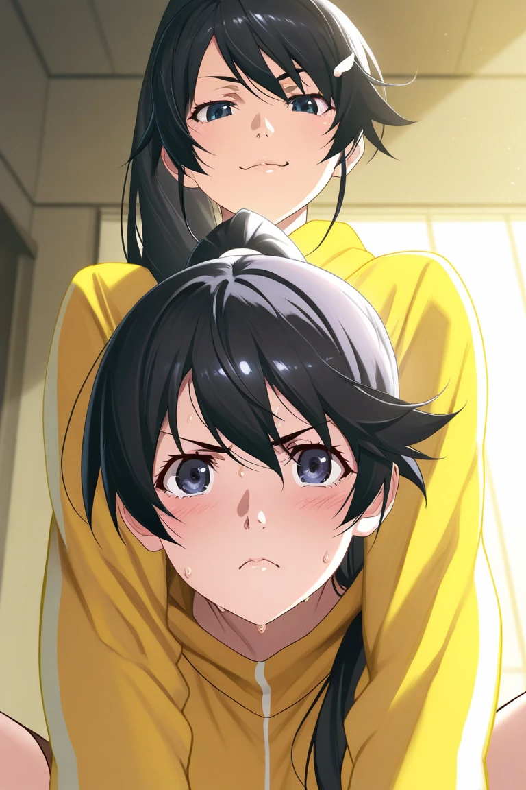 ((Small Breasts)),Highest quality、Very delicate and beautiful、((Very short bangs))、((Bangs))、Light shiny brown hair、The hair is light、((Short Bob))、Cute face、Young face、Cute like an idol、Yellow Eyes、Are thin、Slim figure、Short、(Child body type)、((Lots of sweat))、Embarrassed face、Open Mouth、smile、Red face、(School classroom)、Photographed from the front、