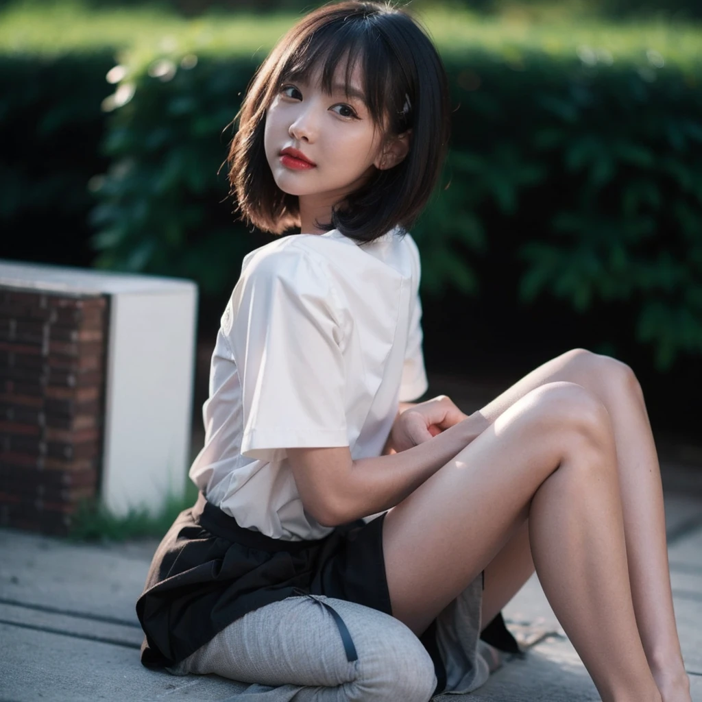 (Best quality, 8k, 32k, Masterpiece, UHD:1.2),Photo of Pretty Japanese woman,black short hair,beauty face,(leaning forward:1.3),squatting,(from above:1.2),(close up:1.4),pov,loose t-shirt,large breasts,(beautiful nipple slip:0.9),outdoors,windy,shiny skin,blurry background,