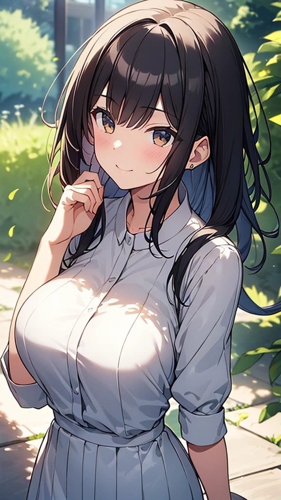 (((masterpiece))), Tight T-shirt,Cleavage,Tight fitting T-shirt, skirt, Outdoor, Sit on a bench, Innocent, Very large bust,Top view
