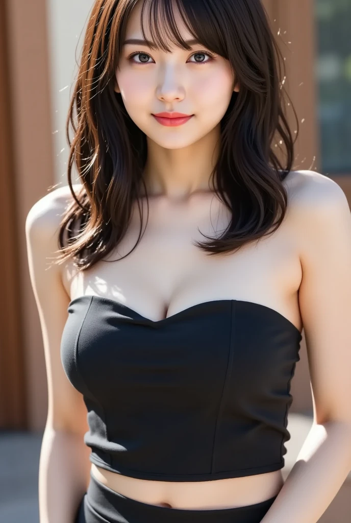 masutepiece, Best Quality, Illustration, Ultra-detailed, finely detail, hight resolution, 8K Wallpaper, Perfect dynamic composition, Beautiful detailed eyes, Natural Lip, Tank Tops, Big breasts, cleavage, Full body, navel-baring, Random sexy poses、Semi-long hair、Emphasize cleavage、Kneeling and looking up、Drooling from the mouth and a blank expression、Expression drowning in pleasure