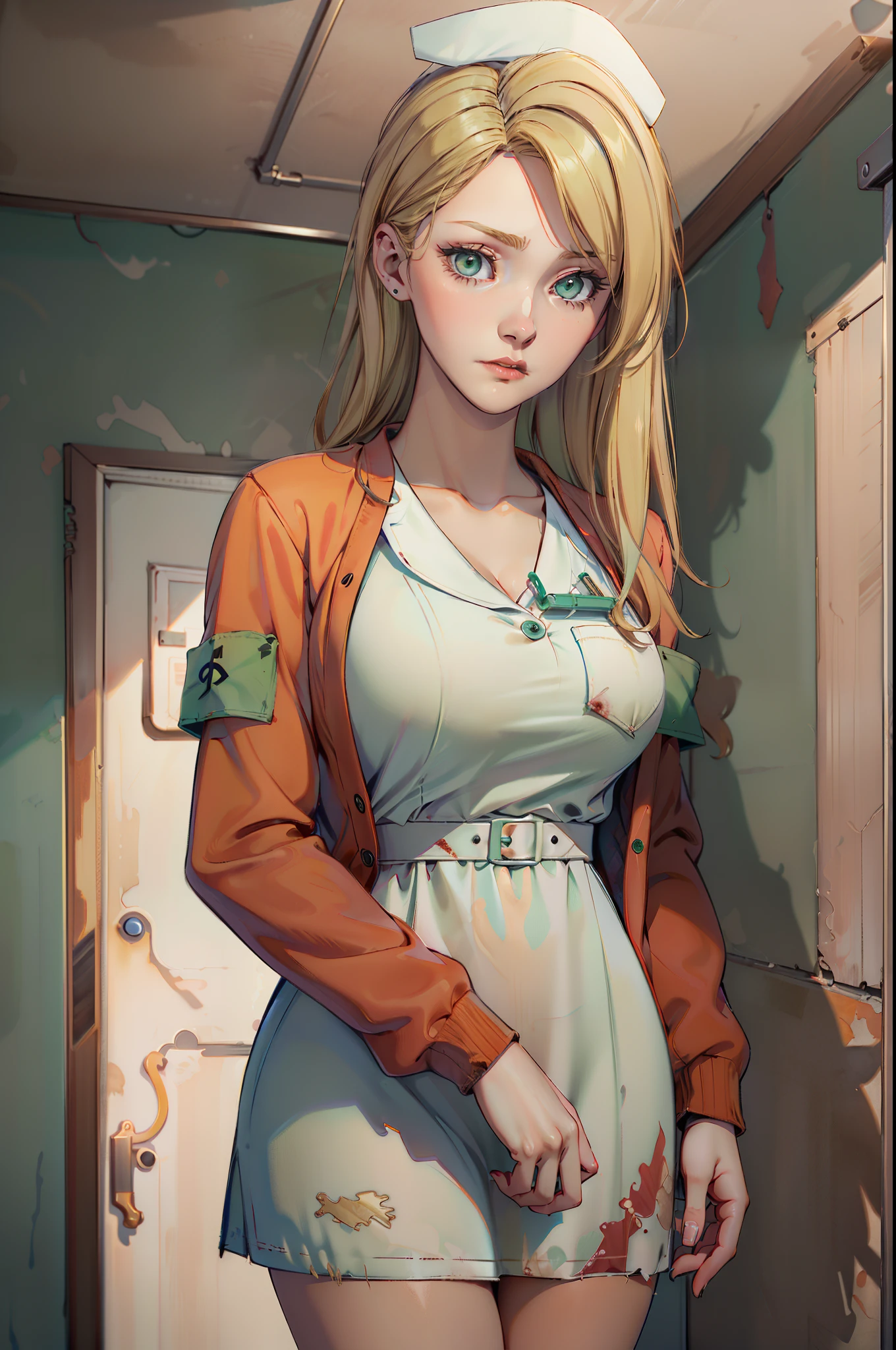 LisaGarlandSH, (extremely detailed CG unity 4k wallpaper),(best illustration),(best shadow),(absurdres), Nurse, White Nurse dress, Red Cardigan, Blonde long hair, Green eyes, nervous pose, concerned expression, Abandoned Dark hospital interior background,
