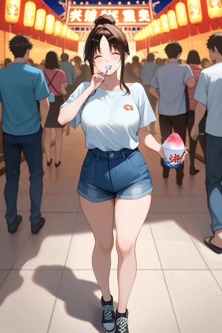 ((highres)), high quality, best quality, masterpiece, beautiful, perfect lighting, detailed face, ultra cute face, ((1girl)), ((solo), ((blush)), smile, on a date, short hair, brown hair, fluffy hair, green eyes, looking at viewer, crop top, shorts, medium breasts, perky breasts, cleavage, wide hips, (thick thighs), pudgy, standing, theme park, holding bag of pop corn