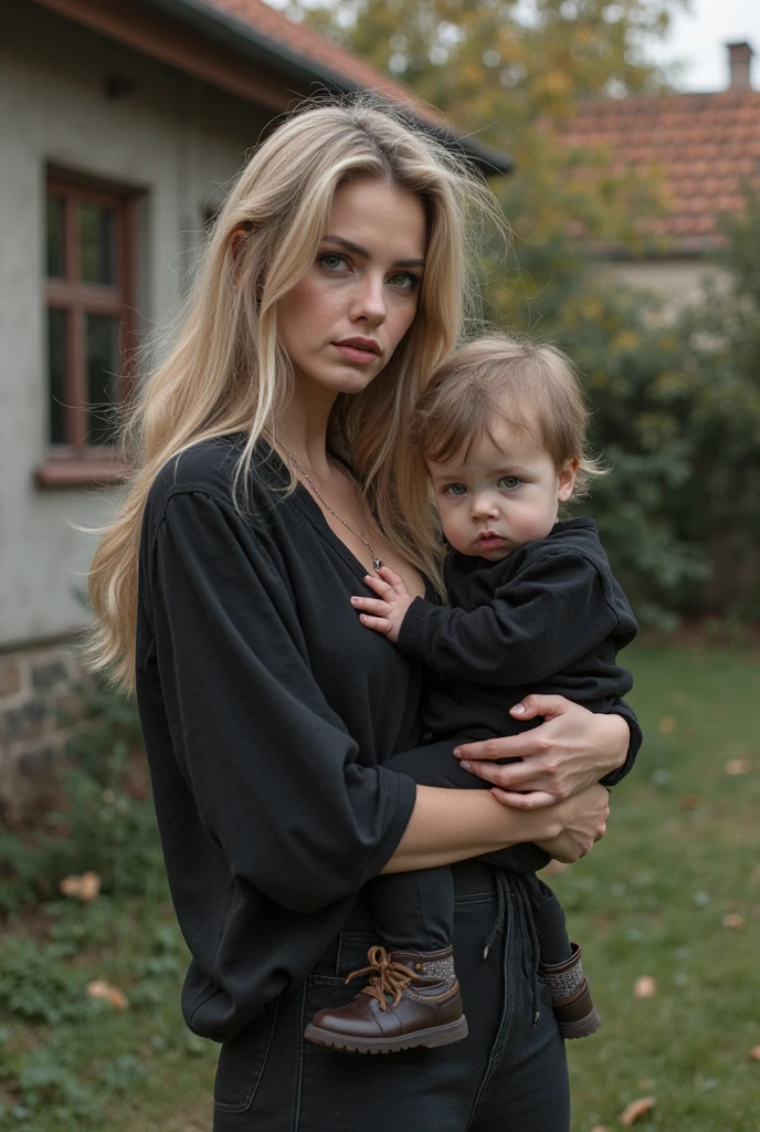  de 5 ans blonde avec sa mère qui sourit derrière. La mère est méchante et fait peur.Elle lui tient les épaules

