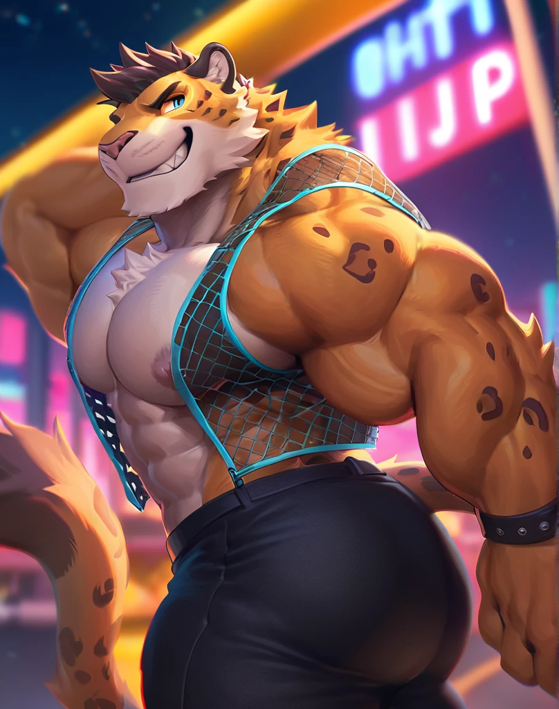 (anime style art,)extremely masculine muscular character,muscular,bodybuilder, huge bulge, smirk, erotic, catboy, feline ears and tail, furry high fashion, runway, catwalk, claws,