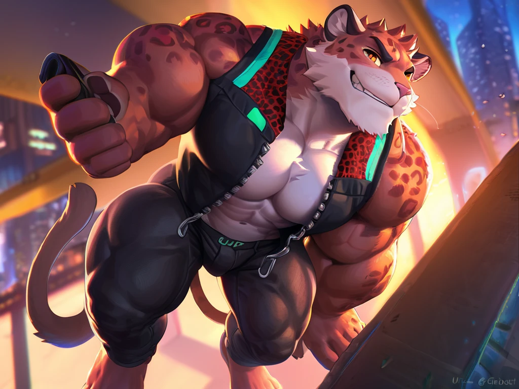 solo male, muscular body, ((fat pecs, massive pecs, bulging pecs, saggy pecs, round pecs)), tiger knight, standing under the stars, fantasy background with castle in the distance, facing viewer, head tilted to the side, beautiful sunset sky, wearing tunic, tiger furry character, small waist, detailed bulge, bulging loincloth, abs, abs, abs, flat stomach, muscular