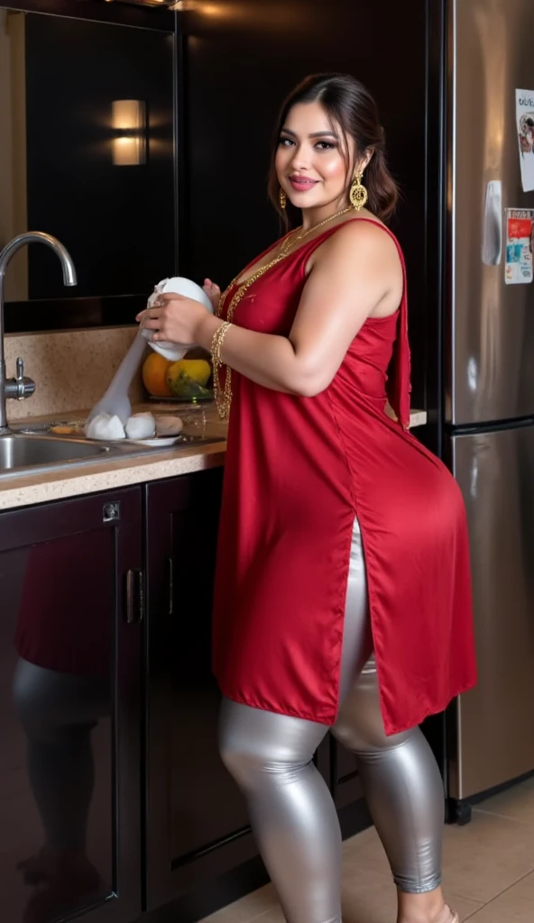 Sri lankan aunty 37 years old curvy body sexy figure fat body hairbun wearing flower pattern tight night robe at kitchen nsfw half naked