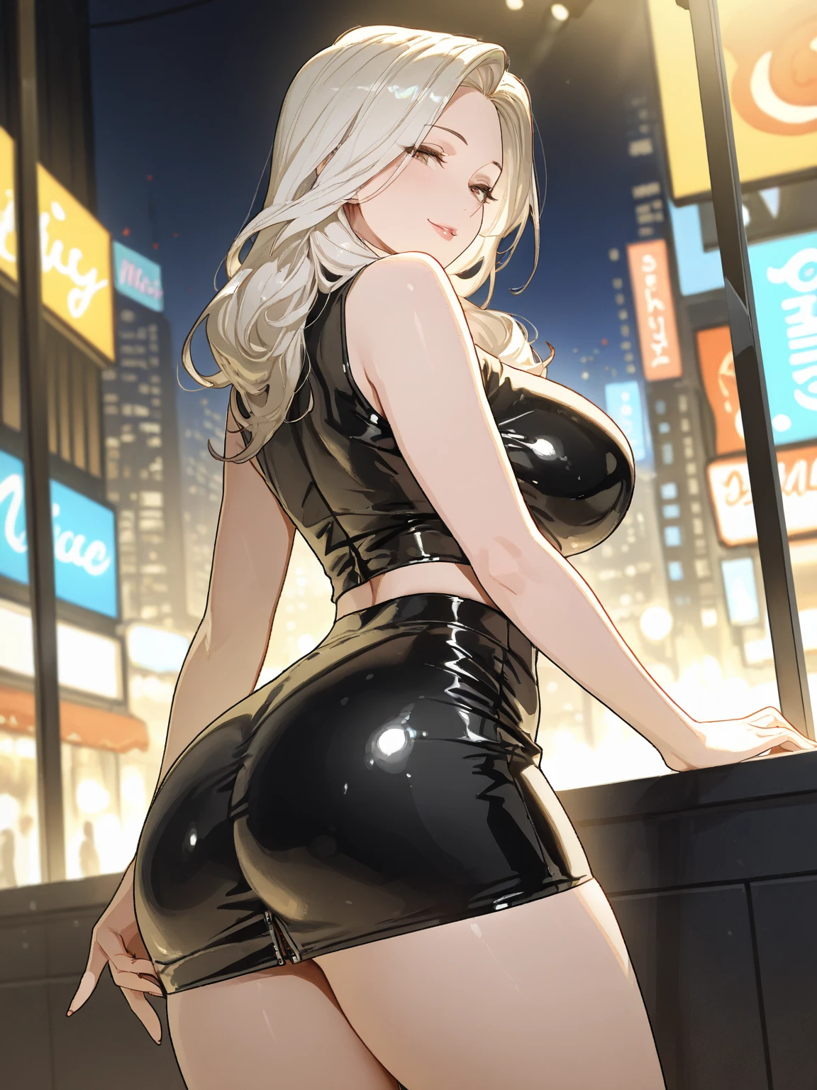 1girl, (((bimbo))),hoop earrings, puffy lips, painted lips, thick lips.
blonde hair, short twintails, wide hips, thick thighs, bursting breasts Nightlife, Night city, Cyberpunk city, futuristic cityscape. Neon lights, (skyscraper:1.1), Tokyo tower, palm tree, cloth sign, ramen stall, night club. bright city lights, exotic car. alcohol, bar, ramen, soup stall ,alcohol bottles,