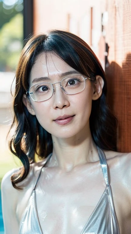 ((Highest quality)), ((8k)), ((masterpiece: 1.3)), (Perfect appearance), (Photorealism: 1.6), (一人のwomanが立っている), (A sandy beach lit by the dazzling morning sun), (The sea sparkling in the morning sun), (Calm sea without waves), (TI, JMA), (woman: 1.6), (Blurred Background: 1.8), (日本人woman1人: 1.6), 36 years old, ((Realistic skin texture)), (Fine wrinkles appear all over the skin: 0.8), (Dullness: 1.1), (Moisturized Skin: 1.2) , (Facial wrinkles: 0.9), (Wrinkles around the eyes: 1.2), double eyelid, Lower eyelid tear sulcus, Eyes on you, Serious expression, (Dimples: 1.2), (Metal Frame Glasses), Short bangs, (Short Wavy Hair: 1.2), (Messy Hair), (Hair blowing violently in the wind: 1.4), Laugh with the corners of your mouth turned up, Completely naked, (Armpit Hair), (Small breasts), (Saggy breasts), (Flaky, saggy breasts), (Rough and casual clothing), barefoot, (Focus on the upper body: 1.4),