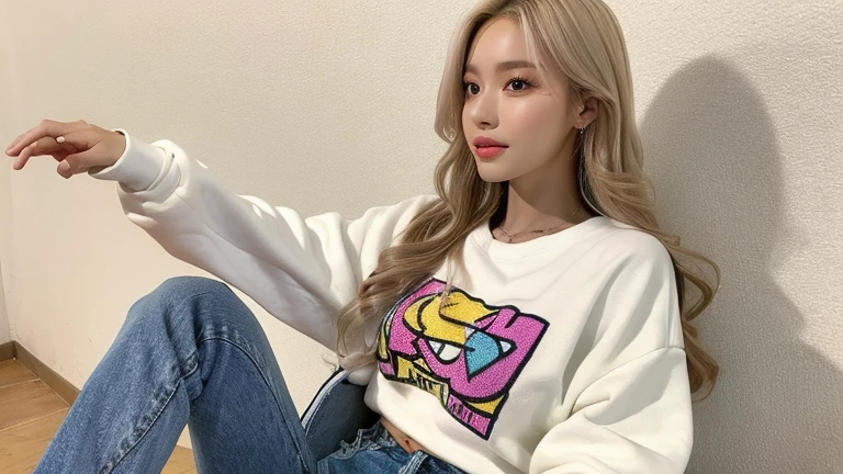 (best quality, masterpiece:1.4), beautiful face, detailed face, 1girl, cute smile, (horns, blonde hair:1.4), dynamic camera angle, (photography:1.1), korean girl, asian idol, beautiful model, hair between eyes, ((red sweatshirt)), full body shot, ((seductive)), ((living room)), (sitting on a couch), sharp stare eyes, ultra realistic, blue shorts, toned, shiny skin, head tilt, ((indoors)), ((dark background)), soft light, cinematic lighting, ((night)), photographed on a Canon EOS R5, 50mm lens, F/2.8, HDR, 8k resolution, bloom, depth of field, straight-on, (highres:1.1), sharp focus, (realistic, hyperrealistic:1.4), intricate, high detail, dramatic mood, subsurface scattering, big depth of field, polished, sharpened, ((full Sharp)), (extremely absurdres),16k hdr,