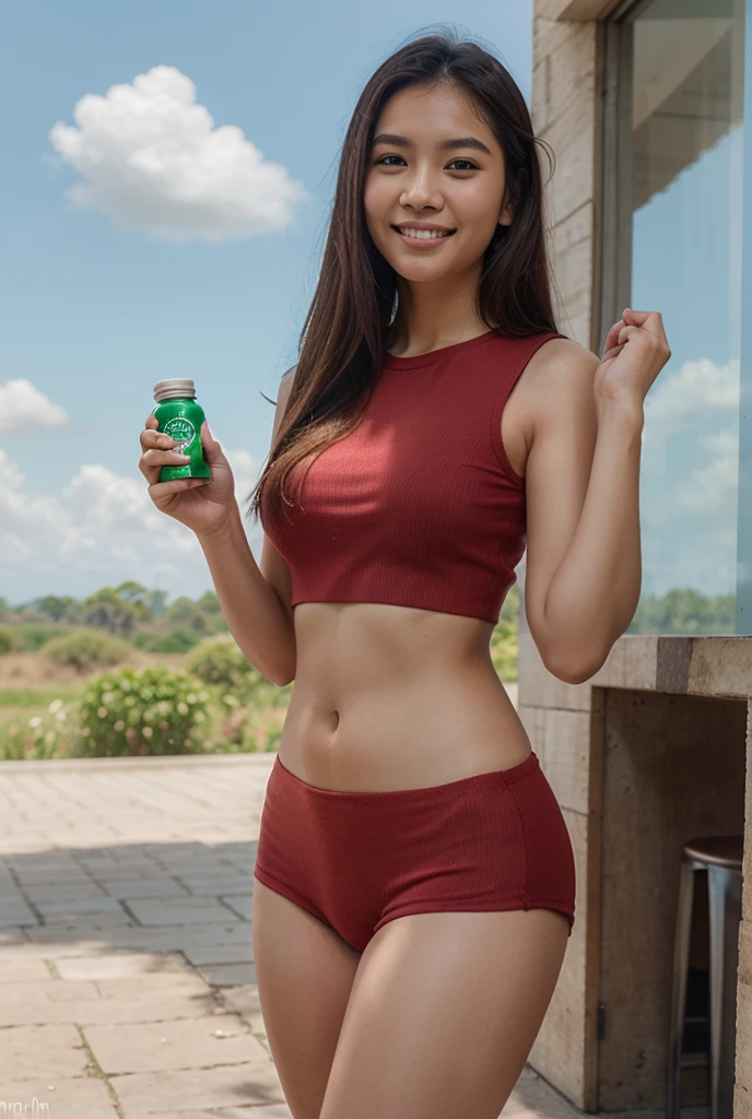 photorealistic, best quality, hyper detailed, cute Hawaiian girl, very short, skinny, long dark hair, curvy, lips open with a smile, detailed face, detailed lips, best shadow, RAW, instagram LUT,in a gym, drinking water, sweaty, wearing green sports bra with no logos, red shorts with black draw strings, detailed clothes