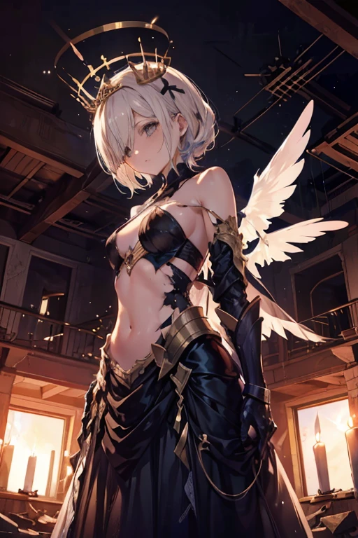 fantasy, 1angel_girl, ,teen, brown_ponytail_hair, (dark_skin:1.1), bare_shoulder, navel, thigh,silver_shiny_armor, white_clothes,waist_armor, glebe, hold_swords, big_tits, angry, dynamic_fighting_pose, floating, (1pair_white_wings:1.2), sunrise_city_background,(pelvic_curtain:1.3), headgear, large_ass,apart_legs,solo,nsfw