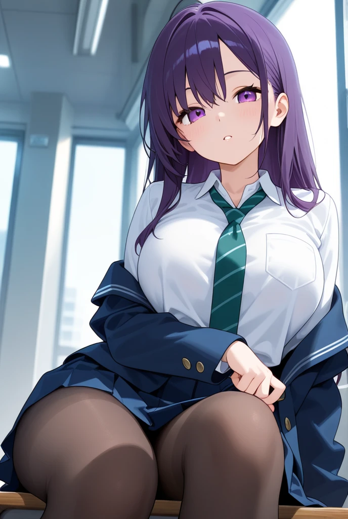 (ultra realistic), (Rapariga), (oriental), (de frente), (anatomicamente correto), (cabelo roxo ondulado amarrado), (olhos azuis escuros), (Pele rosa), (camisa branca), (Gravata Vermelha ), (seios pequenos), (sentado), (black skirt), (pernas abertas), (lifting her own skirt with her hands), (black lace tights), (vagina exposta), (cara de sacanagem), ( inside a subway car)
