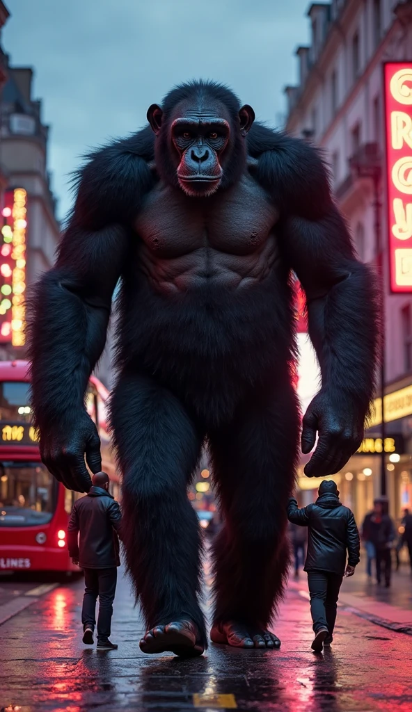 Gorilla with red fur, long claws, fangs, red eyes, red liquid on the claws, under the full moon, walking on the streets of London.