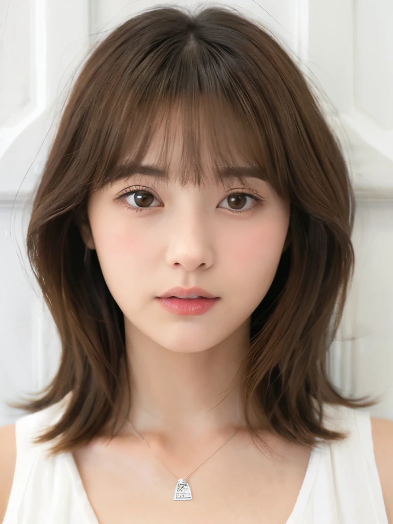 Close-up of a brown-haired woman in a white shirt, Shoulders - Length hair, Medium length hair, Curtain bang, Medium length hair, with short hair, Shoulder-length hair, White princess cut hairstyle, Korean symmetrical face, short~Medium Hair, Neat hairstyle with bangs、White wall、In front of a white door、((窓のあるWhite wallの部屋))、Various poses、Simple Necklace、Layered Cut、Don'Don't look at the camera