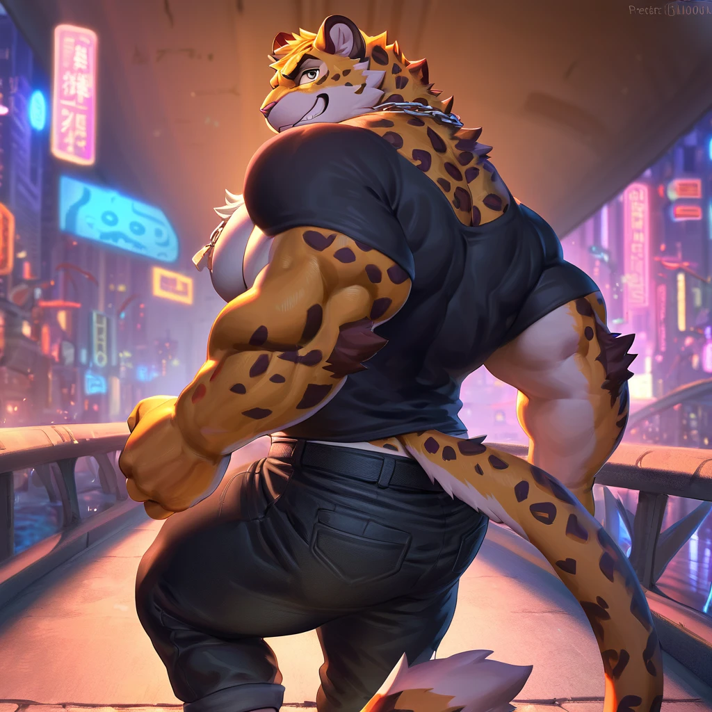 Close up, there's a tiger kneeling on the sidewalk, Topless, Sexybody, Muscular, veins, anthropomorphic, extra detailed body, detailed body, Best quality, masterpiece, ultra high res,detailed background,realistic, real shadow and light, depth of field, (looking above), open mouth, public hair, body hair, sweaty, torn outfit, beside light pole, at night.